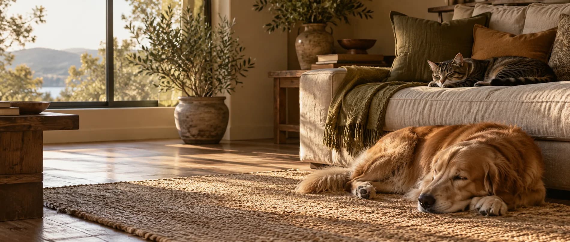 A dog and cat resting in their familiar home