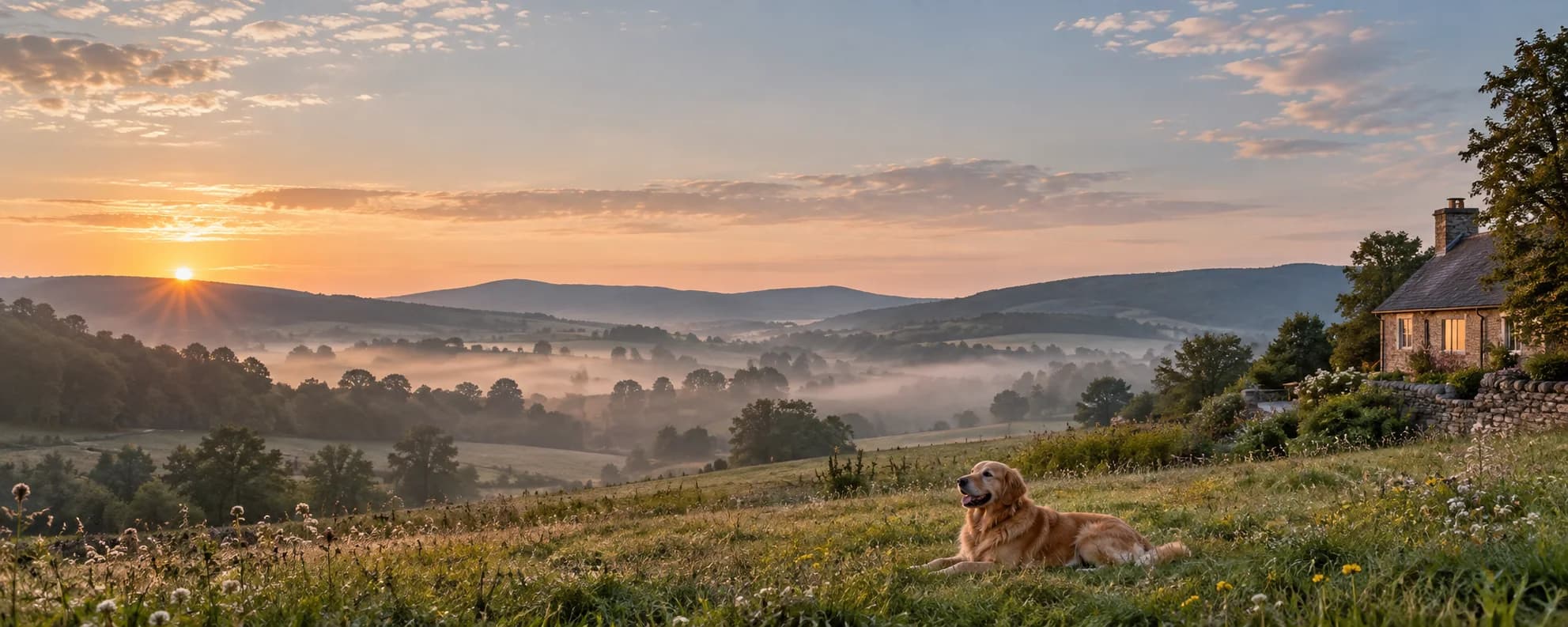 A golden retriever resting in a meadow near home at dawn